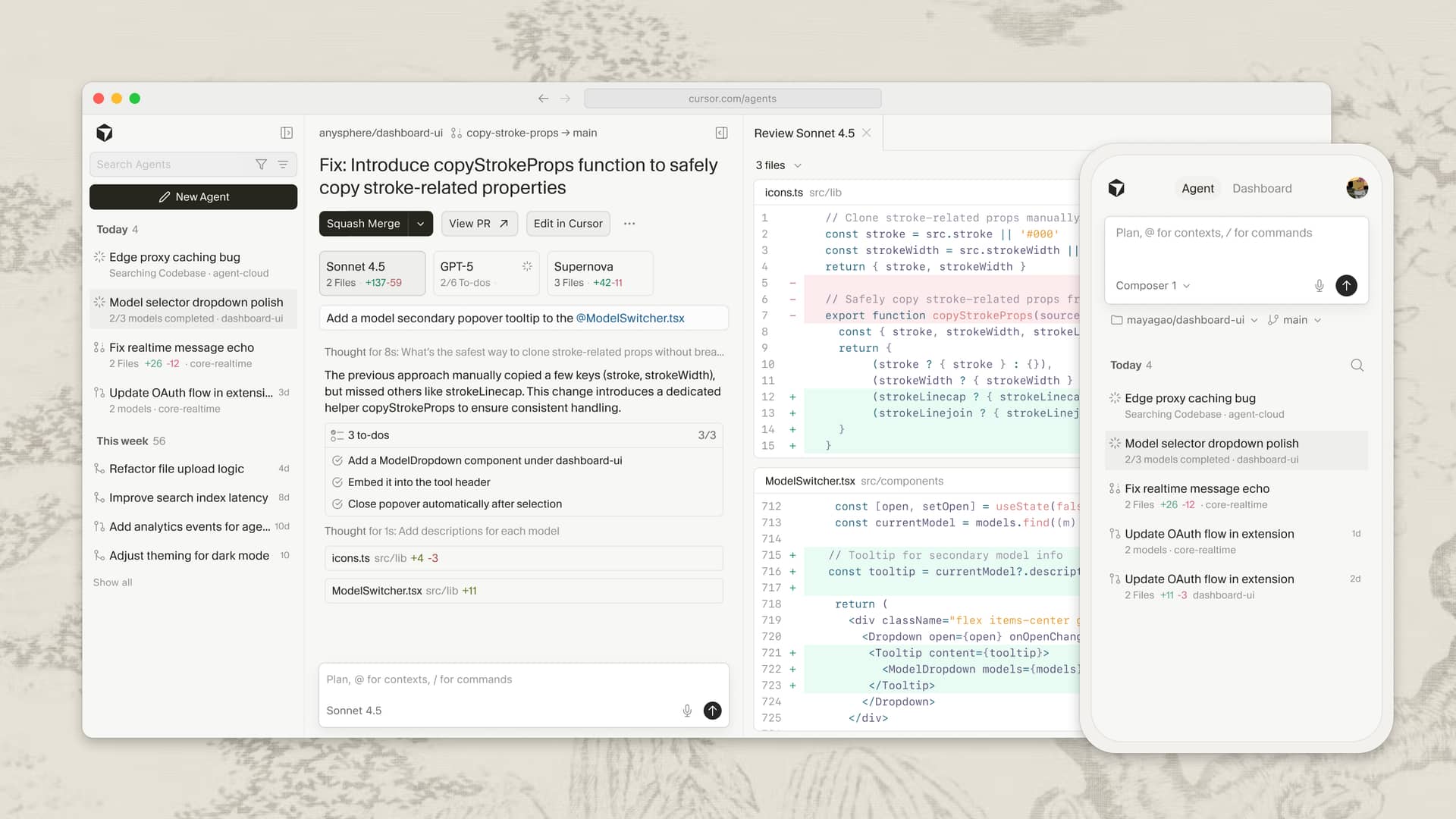 Cursor Agents 执行编码和调研任务的看板视图。