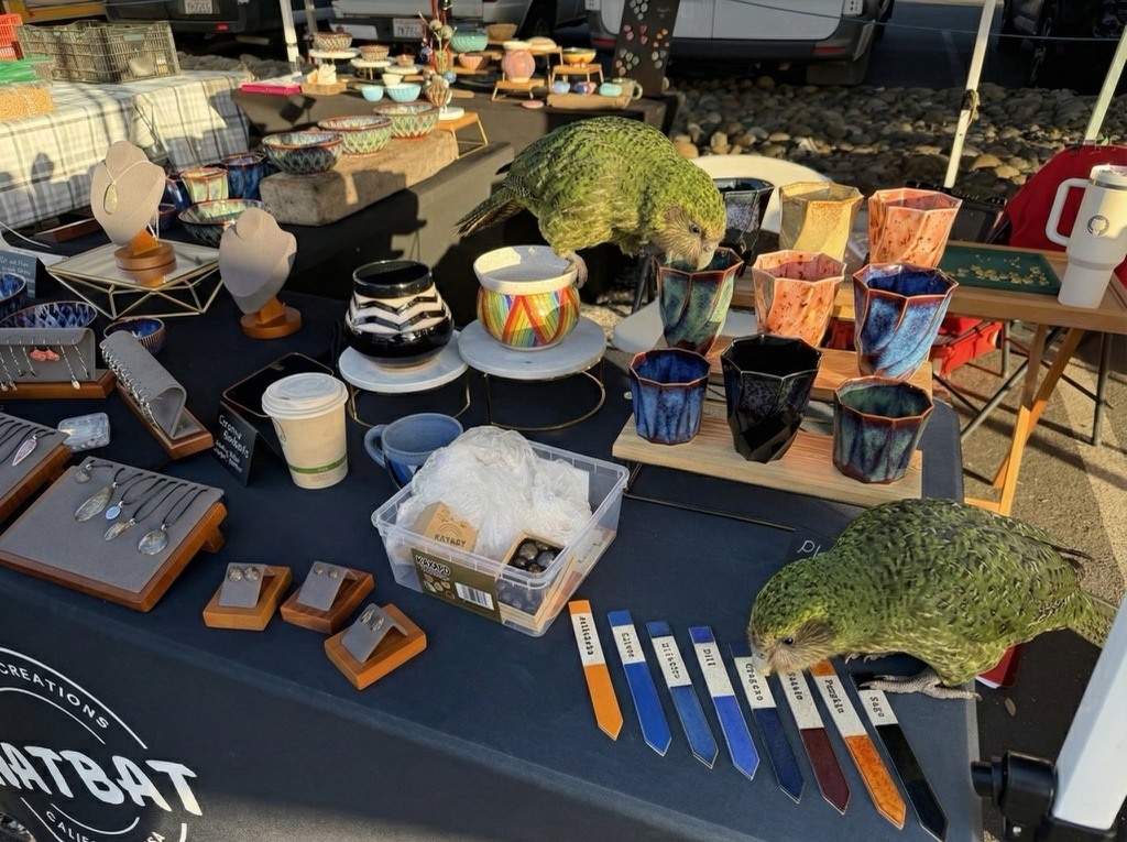 手工艺品摊位，摆放着陶瓷和两只鹬鸵。其中一只位于中央桌子，正在陶瓷杯附近的彩虹壶里窥视，另一只位于桌子的右边，靠近植物标签，似乎正在检查或可能咀嚼桌子角落的物品。