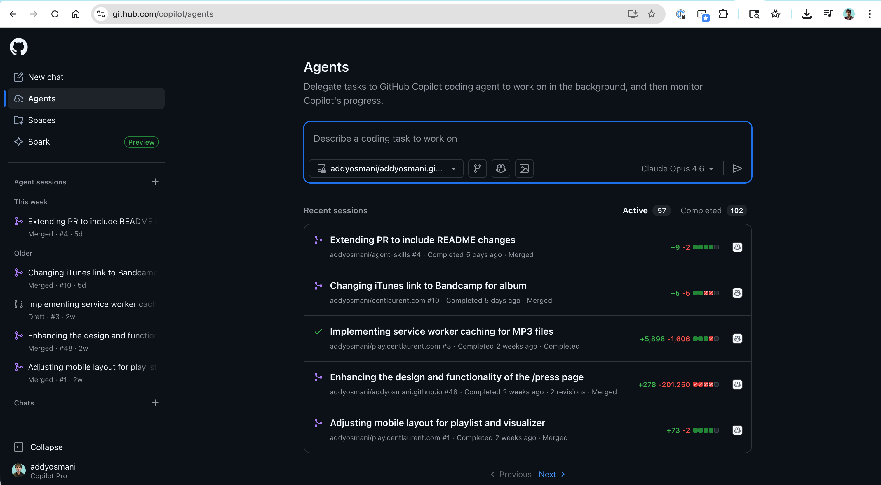 GitHub Copilot 编码智能体界面展示 Agents 面板与 PR 工作流