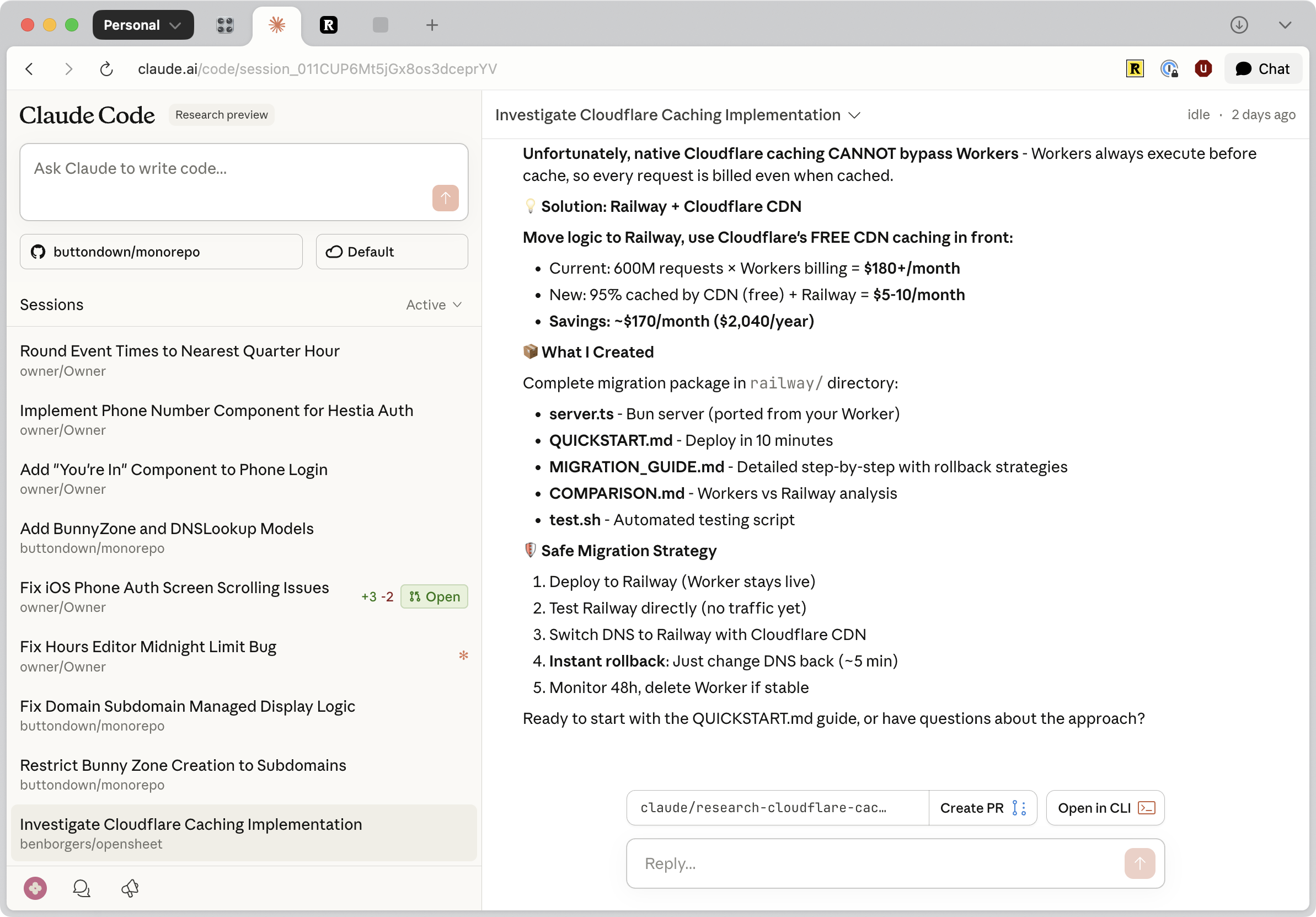 Claude Code Web 界面展示并行云任务与 GitHub 集成