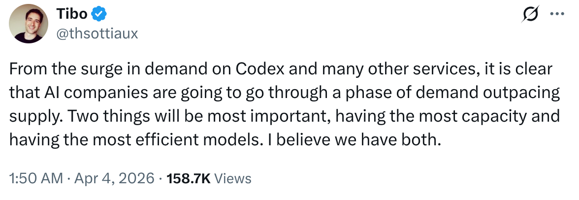 OpenAI的Thibault Sottiaux关于需求超过供给的推文