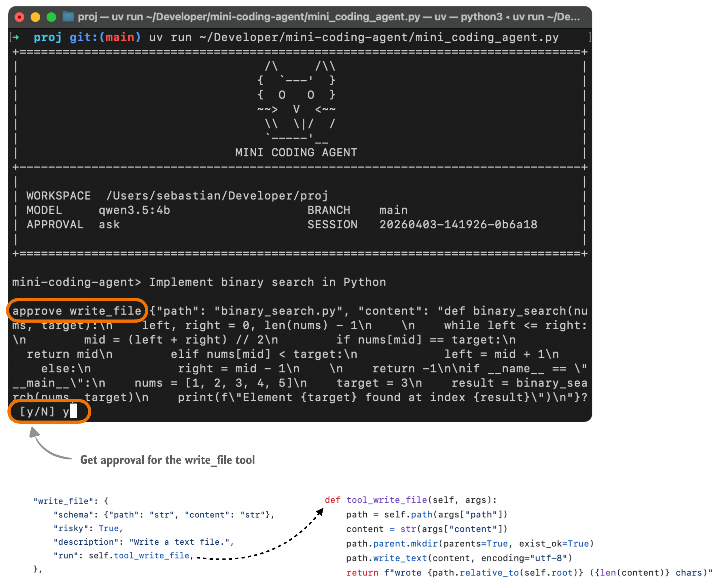 图9：Mini Coding Agent 中工具调用审批请求示意图。