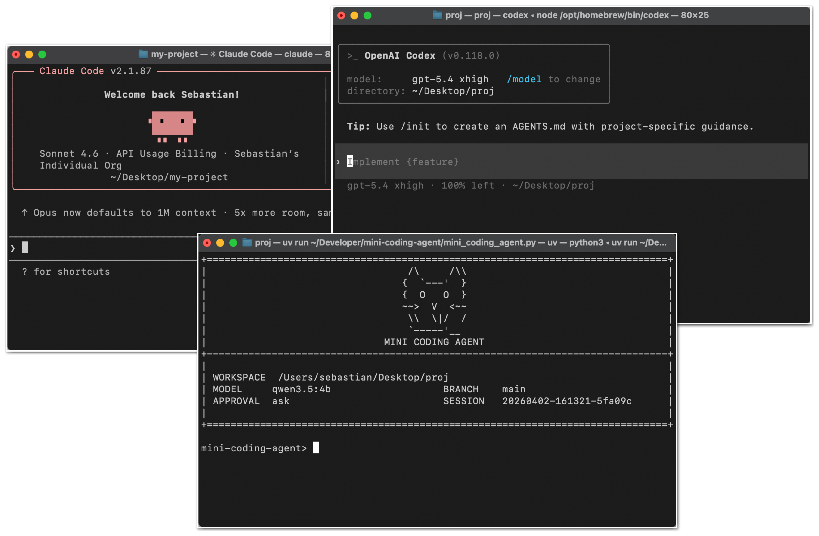 图1：Claude Code CLI、Codex CLI 和我开发的 Mini Coding Agent