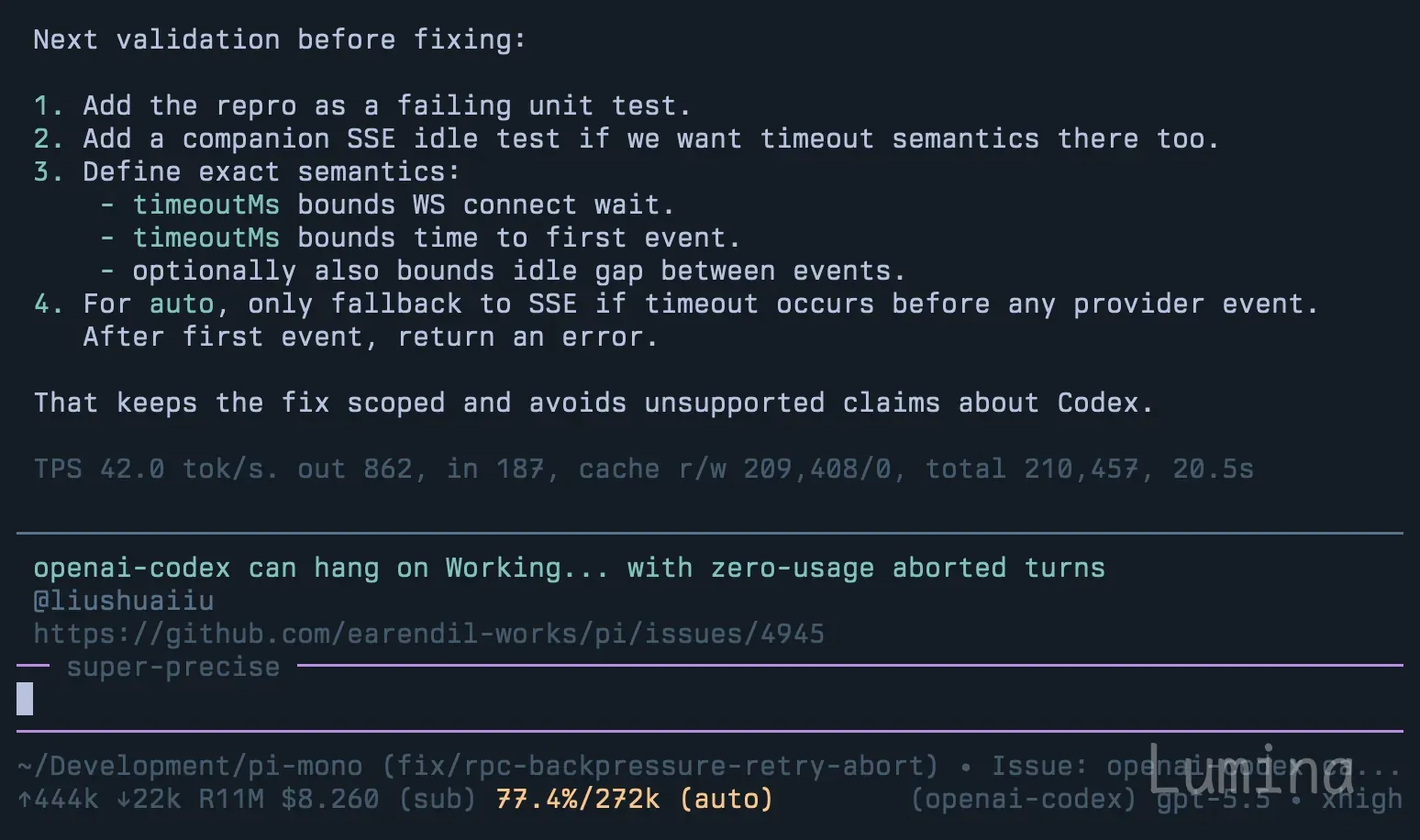 Pi 终端会话显示一次智能体分析，旁边有一个 GitHub issue 组件，展示了 issue 标题、作者和 URL。