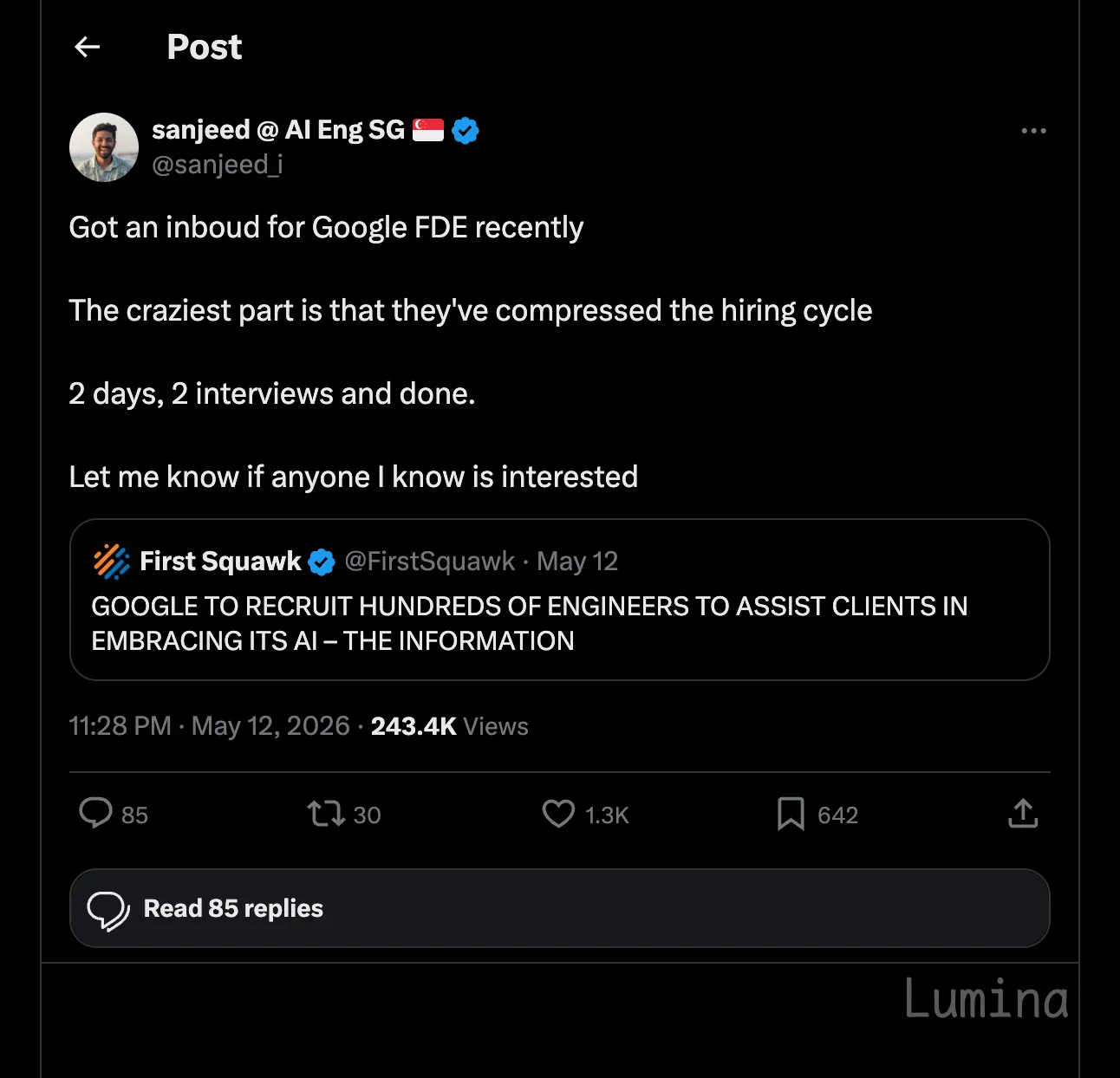 Google FDE 面试流程压缩传闻截图