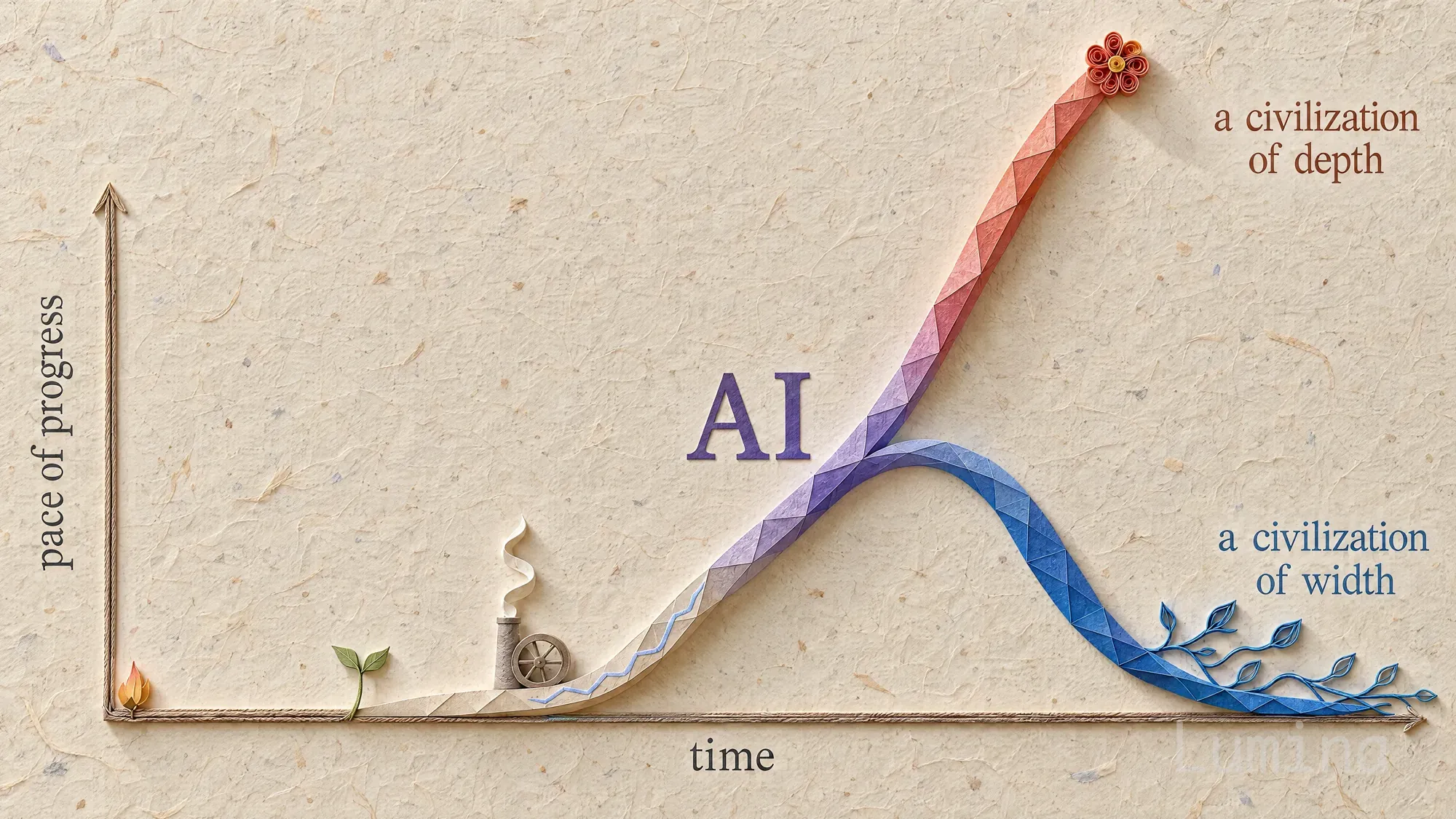 进步速度随时间变化的概念图:AI 出现后,深度型文明加速发展,广度型文明则逐渐放缓。