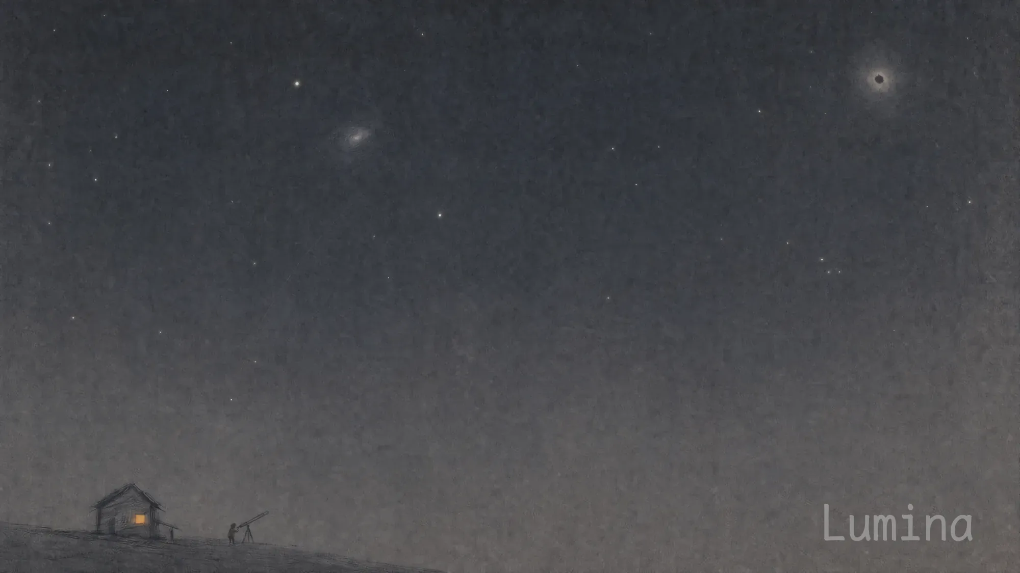 浩瀚星空下,一个人在灯光亮起的小屋旁透过望远镜观测。